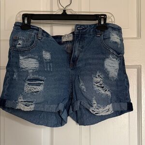 Distressed Mid-Rise Denim Jean Shorts - Blue